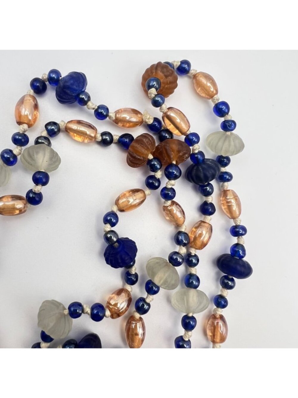 Vintage Hand Knotted Glass Bead Necklace 36" Cobalt Blue Amber Frosted White - Picture 8 of 8